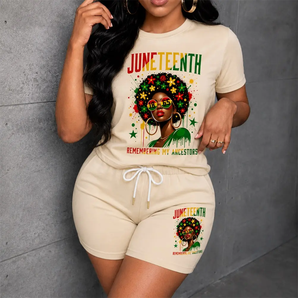Women's Juneteenth Festive Atmosphere Graphic Short Sleeve T-Shirt And Shorts Set, Casual Summer Two-Piece Outfit With Crew Neck Top And Drawstring Waist Shorts For Daily Wear