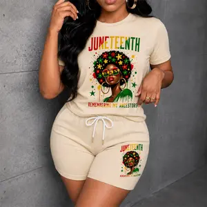 Women's Juneteenth Festive Atmosphere Graphic Short Sleeve T-Shirt And Shorts Set, Casual Summer Two-Piece Outfit With Crew Neck Top And Drawstring Waist Shorts For Daily Wear