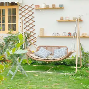 PURPLE LEAF 2 Seat Cloud Swing Chair with Stand Patio Wicker Bench Glider Loveseat Hanging Swinging for Indoor Outside Backyard Garden Outdoor Hammock Porch Swing, Cushion and Pillows Included