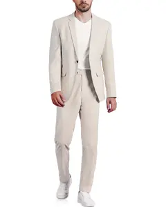 YND Men's 2 Piece Casual Linen Suit Set, Regular Fit Lightweight Blazer Jacket and Pants for Wedding, Business,Party summervibes Formal Beige