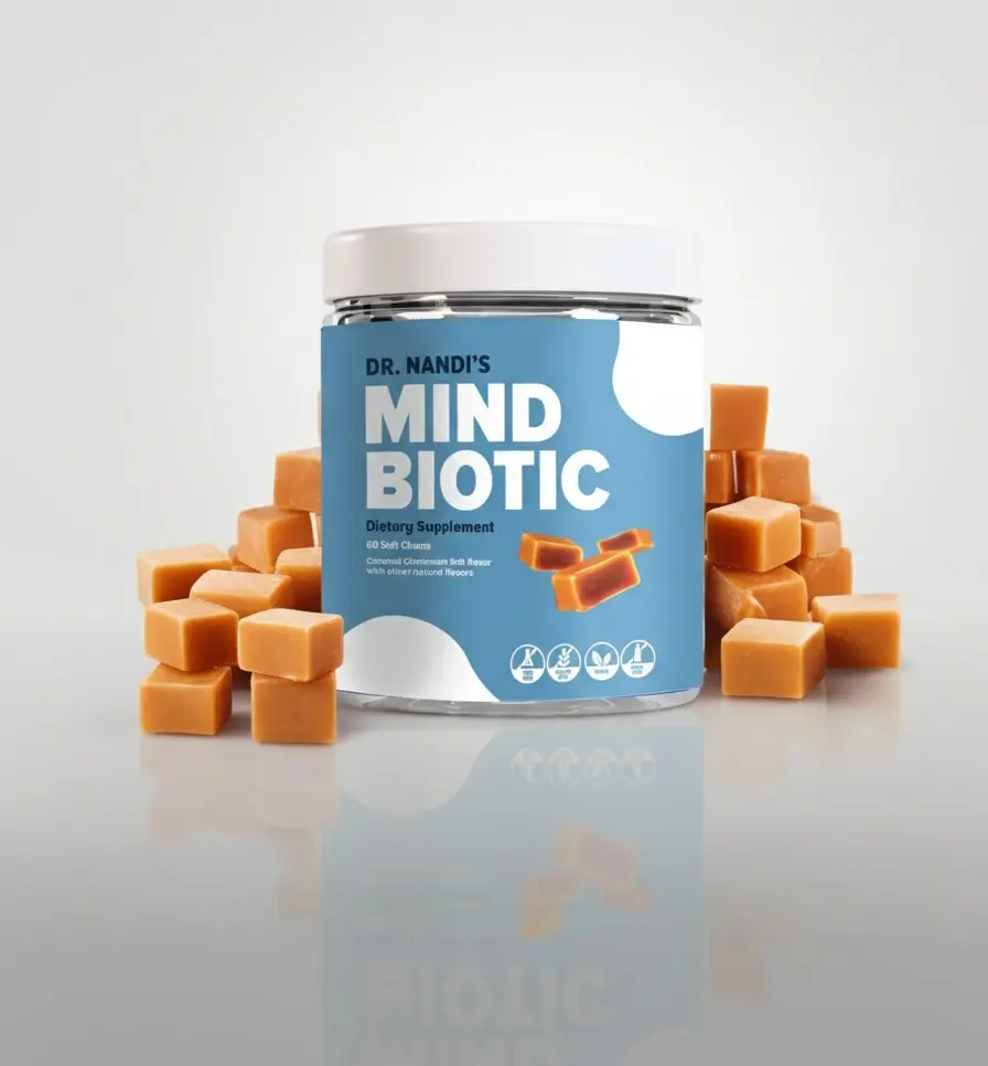 Dr. Nandi's MindBiotic Brain Health Supplement - Probiotics & Prebiotics with KSM-66 Ashwagandha - Supports Memory Focus and Gut-Brain Connection - 60 Chews