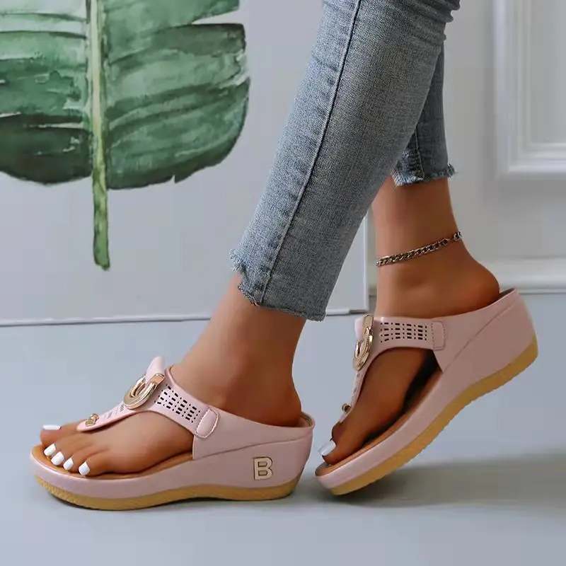 Women's Flip Flops Slides, Open Toe Summer Beach Sandals, Thick Sole Metal Ring Decor Wedge Sandals Walking Shoes Girl Footwear Rubber Makapal Flipflop Black