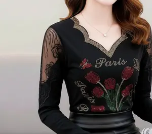 New autumn V-neck long-sleeved top, stylish rhinestone slim fit cotton t-shirt