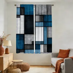 2pcs Blue and Gray Grid Semi- Blackout Curtains Rod Pocket Design - Great for Café, Kitchen, Art Deco Style Space - Home Decoration (Not Muti Layer Curtains) Blackout Window Cover