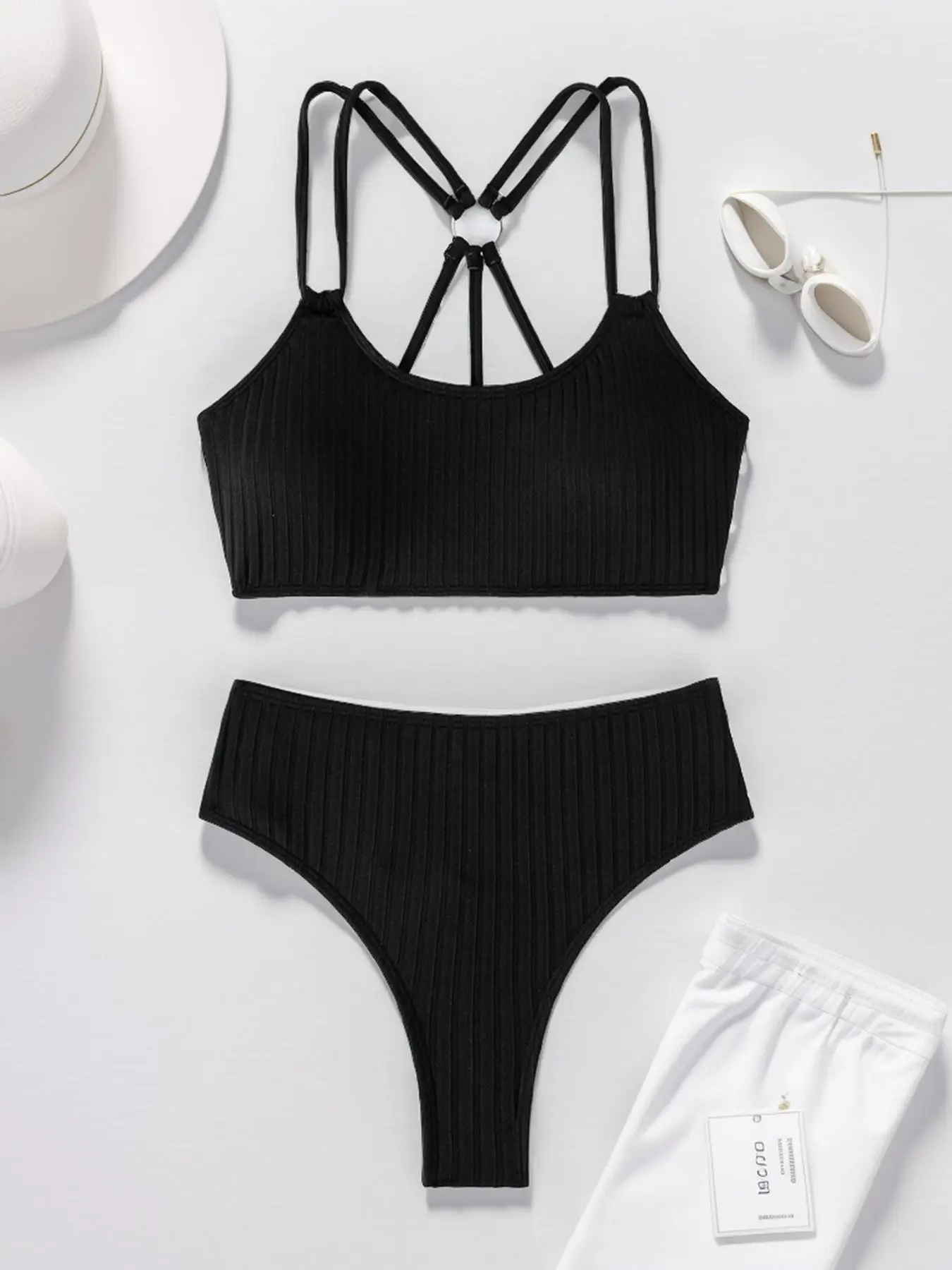 Two-Piece Set Women's Criss Cross Cut Out Swimsuit, Casual Solid Ring Linked Wireless Swim Top & High Waist Swim Bottom, Ladies Summer Beach Vacation