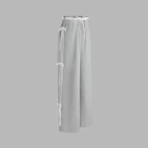 Cider [size 2-10] Mid Rise Solid Boowknot Lettuce Trim Pocket Wide Leg Trousers