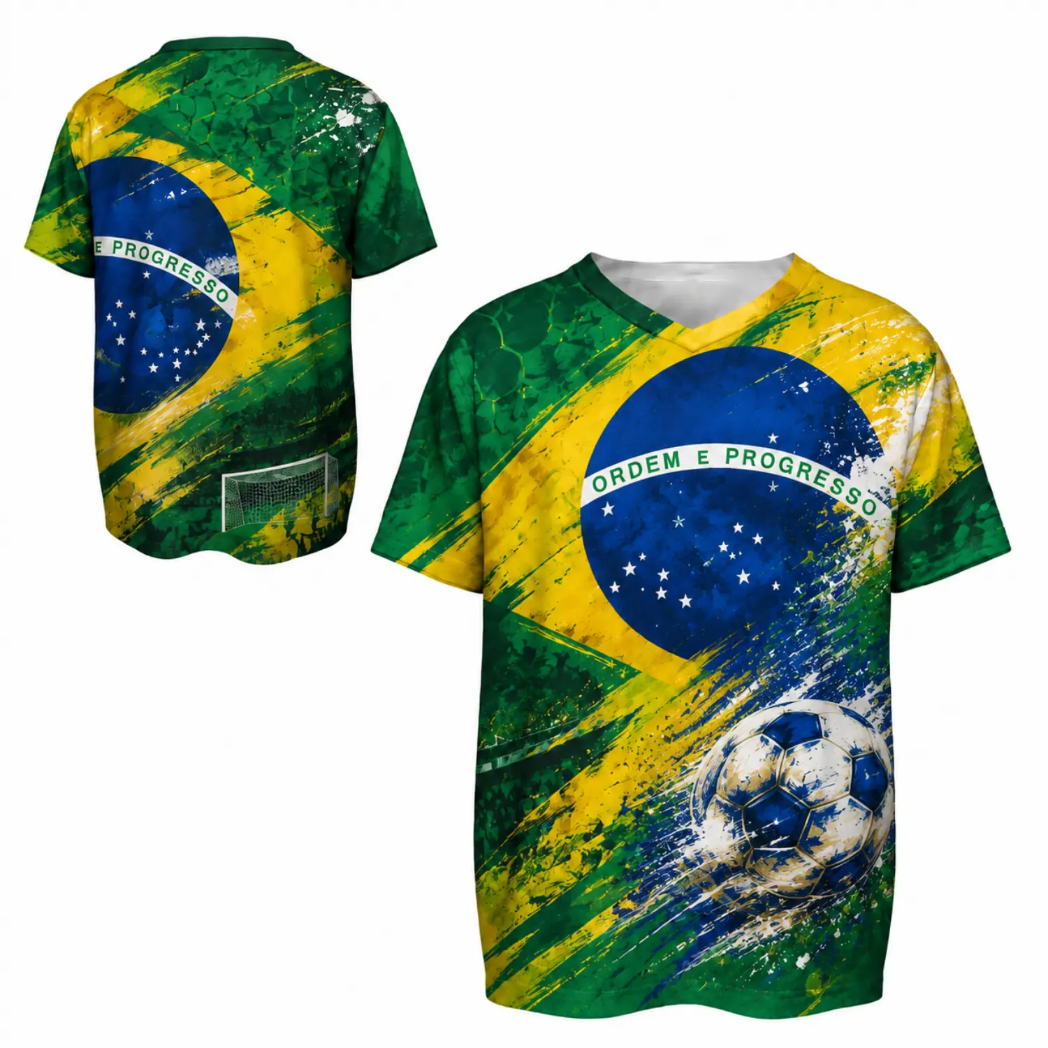 Brazil Soccer Jersey - V Neck Football Shirt with Flag Graphic and Paint Splatter Design for Sports Fans and Gameday Wear