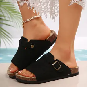 Fashion Cork Footbed Sandals for Women Single Band Adjustable Buckle Flat Slippers