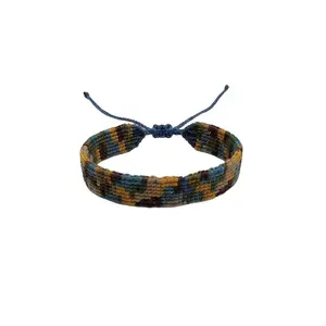 Handmade Woven Bracelet Peruvian Craftsmanship Geometric Design in Olive Green Mustard Brown Beige Boho Artisanal Style Size 5 Long Weight 0.25 grm