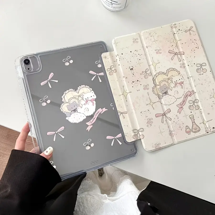 1 Piece Kitten Bow Ribbon Tablet Case for iPad Air 11" 2025 / 10.9" / Air 4/5/6 / 10.2" / Pro 11" / A16 / 10th Gen / 9.7" / 10.5" with Sleep/Wake Function