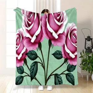Elegant Pink Roses with White Edges on Mint Green Soft Flannel Throw Blanket