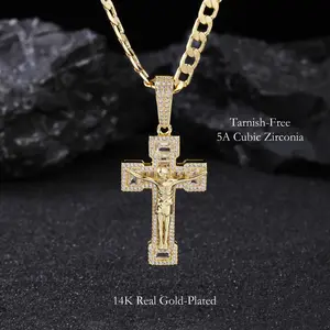 Chrysmos 14K Gold Plated Jesus Christ Cuban Necklace | 24 Inch,5mm Hand Polished | Religious Gift for Men & Women