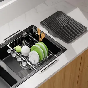 Dish Drying Rack in Sink With Non-Slip Silicone Mat Set, Expandable Carbon Steel Dish Drainers for Kitchen Counter, Bowl Dryer Rack Mat for Inside Sink, Over The Sink D ish Racks(COLOR:Grey+Silver)