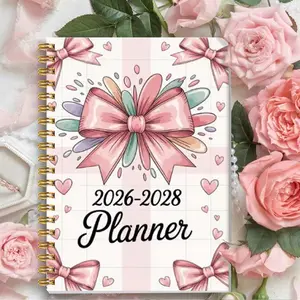 3-Year Plan Book 2026-2028 Pink Cover with Bow and Heart Pattern Monthly Calendar Goal Tracking Holiday List To-Do List Short Cover Book for Long-Term Planning