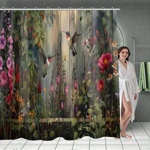 1/4 piece 2D flat printed wooden board bird design shower curtain set, waterproof polyester fiber, including toilet cover and anti slip carpet, U-shaped pad, optional single shower curtain, essential for home decoration