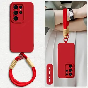 Liquid Silicone Wrist Strap Phone Case For Samsung Galaxy S24 S23 S22 S25 Ultra Plus A54 A53 A52 A55 5G Lanyard Original Cover