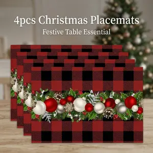 New Christmas Placemats, 4-Pack Red Black Buffalo Plaid Festive Table Mats with Holiday Decor, Ideal for Home Kitchen, Outdoor Dining & Christmas Party - Adds Festive Atmosphere