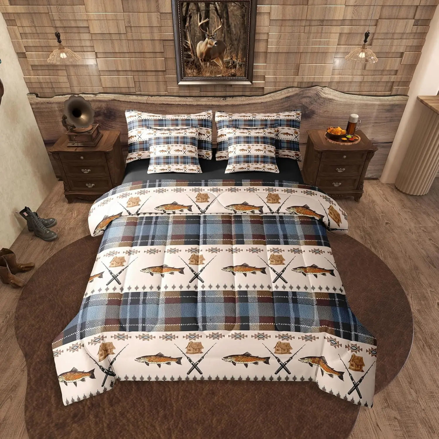 Feelyou Comforter Queen Size 7-Piece Microfiber Luxe Bed-in-a-Bag Quilt Bedding Set - Soft, Breathable, Lightweight with Sheets, Fish Prints, Geometric Aztec/Buffalo Plaid, Retro Rustic Cabin Style, Tumble Dry Low, No Bleach (For Bedding Sets Collections)