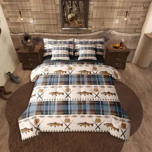 Big Fish Comforter Set,with Sheets Aztec 7-Piece Bedding Set for Boys Girls,Retro Rustic Buffalo Plaid Cabin Farmhouse Lightweight Bed in A Bag