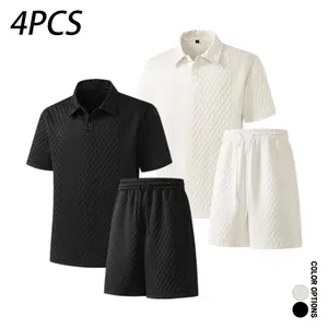 Multiple sets available; summer men’s casual polo short-sleeve T-shirt and shorts set featuring jacquard textured fabric; versatile for everyday casual sports with a loose fit and comfortable, skin-friendly shorts and top set.
