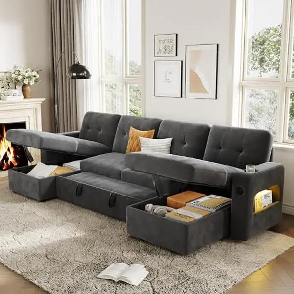 GAOMON Modular Sofa with Storage, 107" Sleeper Sofa Bed Sectional Cloud Couch, U-Shaped Velvet Fabric Couch with USB Charging & Cup Holder for Living Room, Apartment, Office, Dark Grey