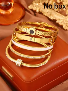 5-piece set of 304 stainless steel diamond inlaid bracelet combination set, Trendy Stack Bangle, French elegant and fashionable style, perfect for gift giving - perfect gift (birthday, anniversary, party)