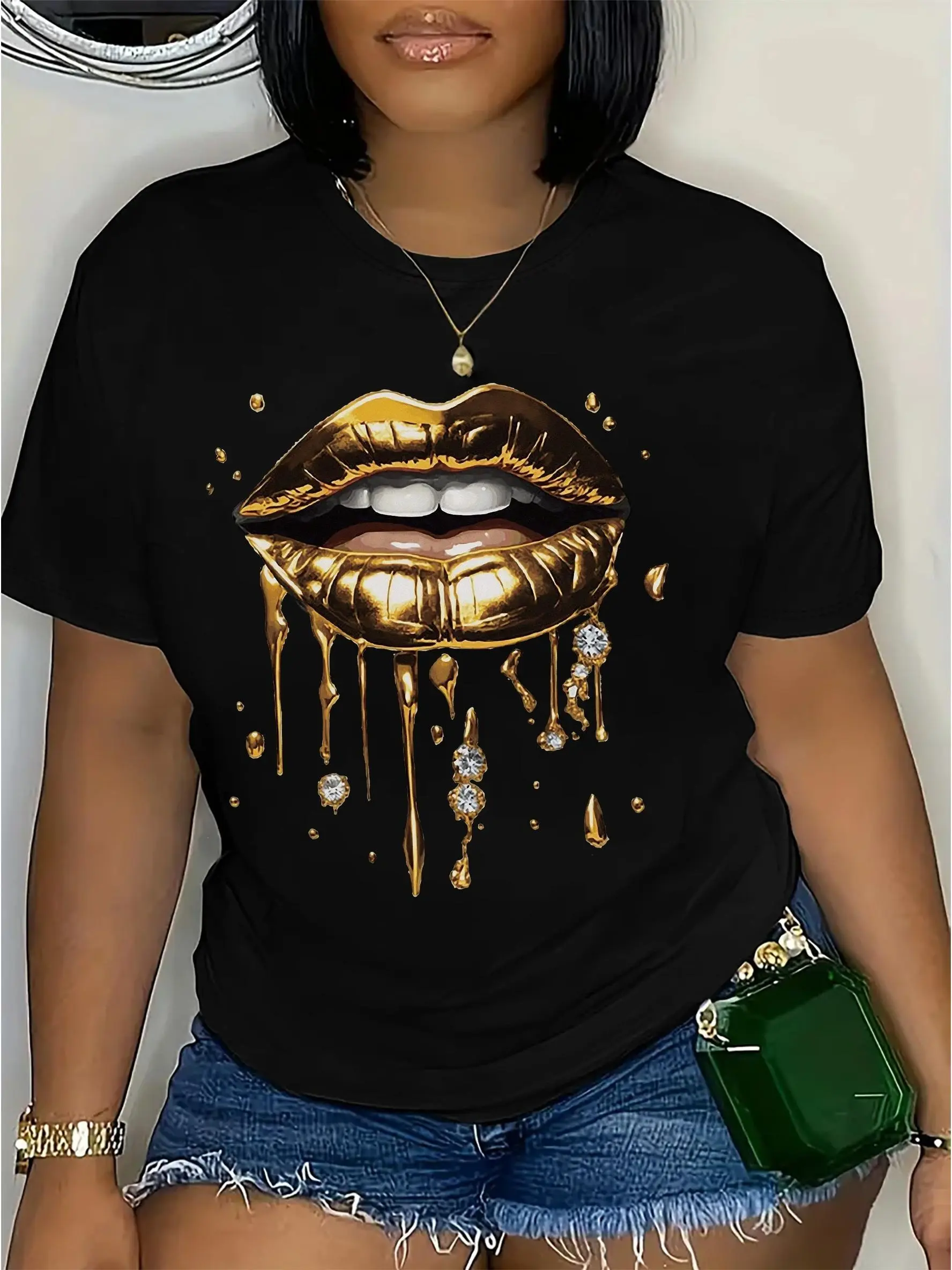 Women's T-Shirt, Dripping Gold Lips Rhinestone Graphic, Boss Lady Glam Loose Fit 100% Cotton Comfortable Short Sleeve Crew Neck Top, Tshirt, T Shirts For Women, Smooth, Casual Wear, Round Neck