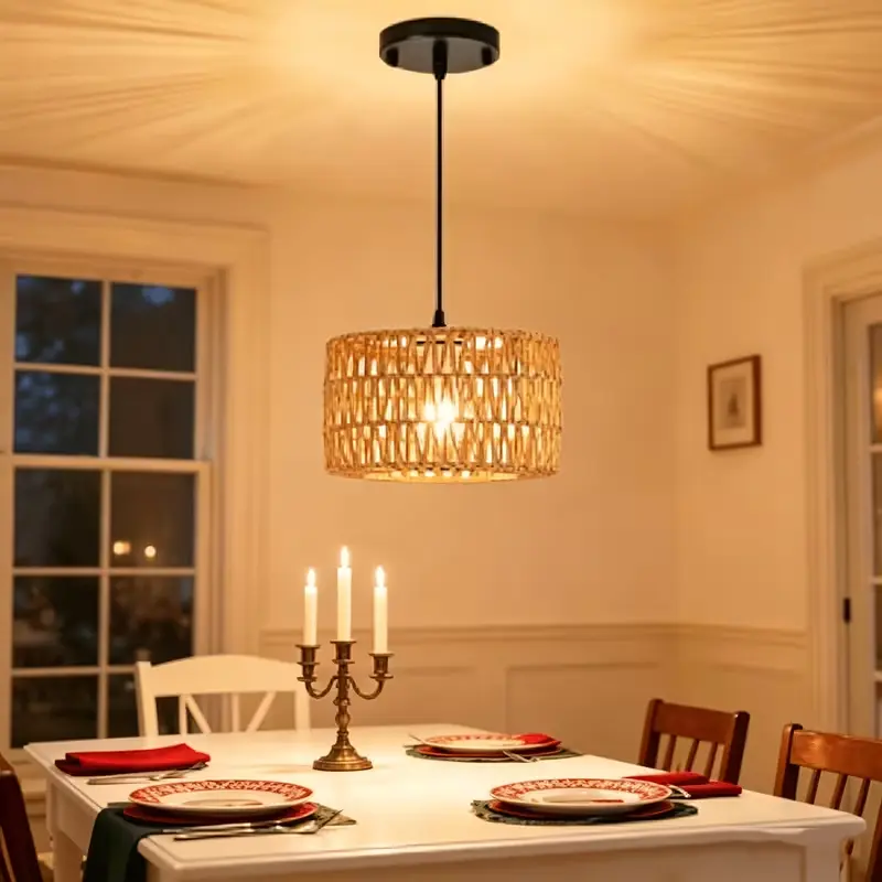 Bohemian Handwoven Rattan Lantern Pendant Light Dimmable LED Bulb Included Adjustable Hanging Height Vintage Boho Decor Hanging Lamp Suitable for Bedroom Living Room Cafe Kitchen Entryway Indoor Home Decor