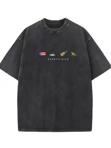 Puerto Rico Flag Coqui Frog Ukulele Palm Island Vintage Acid Wash Graphic T-Shirt Unisex Oversized Black Cotton Puerto Rican Pride Caribbean Short Sleeve Tee For Men Women