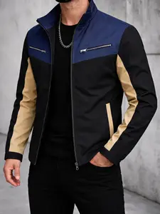Men's Stand Collar Casual Jacket, Long Sleeve, Colorblock Design, Breathable Fabric, Comfortable Fit, Zip Pockets, All-Season Wear, Business & Leisure