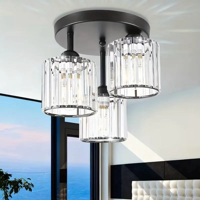 3-Light Modern Crystal Semi-Flush Mount Chandelier with Glass Prism Shades, Adjustable Brightness Ambient Decorative Accent Ceiling Lighting for Bedroom, Hallway