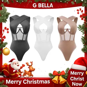 Women’s Sleeveless Bodysuit, Cross Neckline Fashionable Sexy Minimalist Comfortable Mesh Stretch, Bodysuits Underwear Womenswear, Thanksgiving Gift Christmas Gift, Perfect for Parties Holidays Vacation Everyday and Casual Wear.