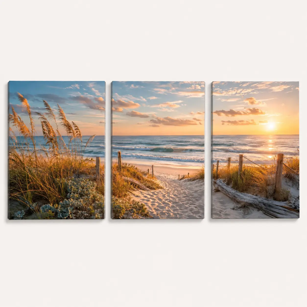 3-Panel Pine Wood Framed Sandy Coastal Beach Sunset Canvas Wall Art - Hanging Stable Artistic Photo with Sea Grass, Soft Blue Sky, Ocean Waves, Ocean Landscape Print for Living Room, Bedroom Home Decor, Three Panels