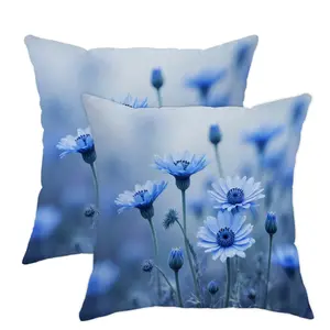 Jit 2pcs Floral Nature Chrysanthemum Stem Pillows, Spring Blue Color Design, Hidden Zipper Closure, Ideal for All Rooms & Seasonal Use