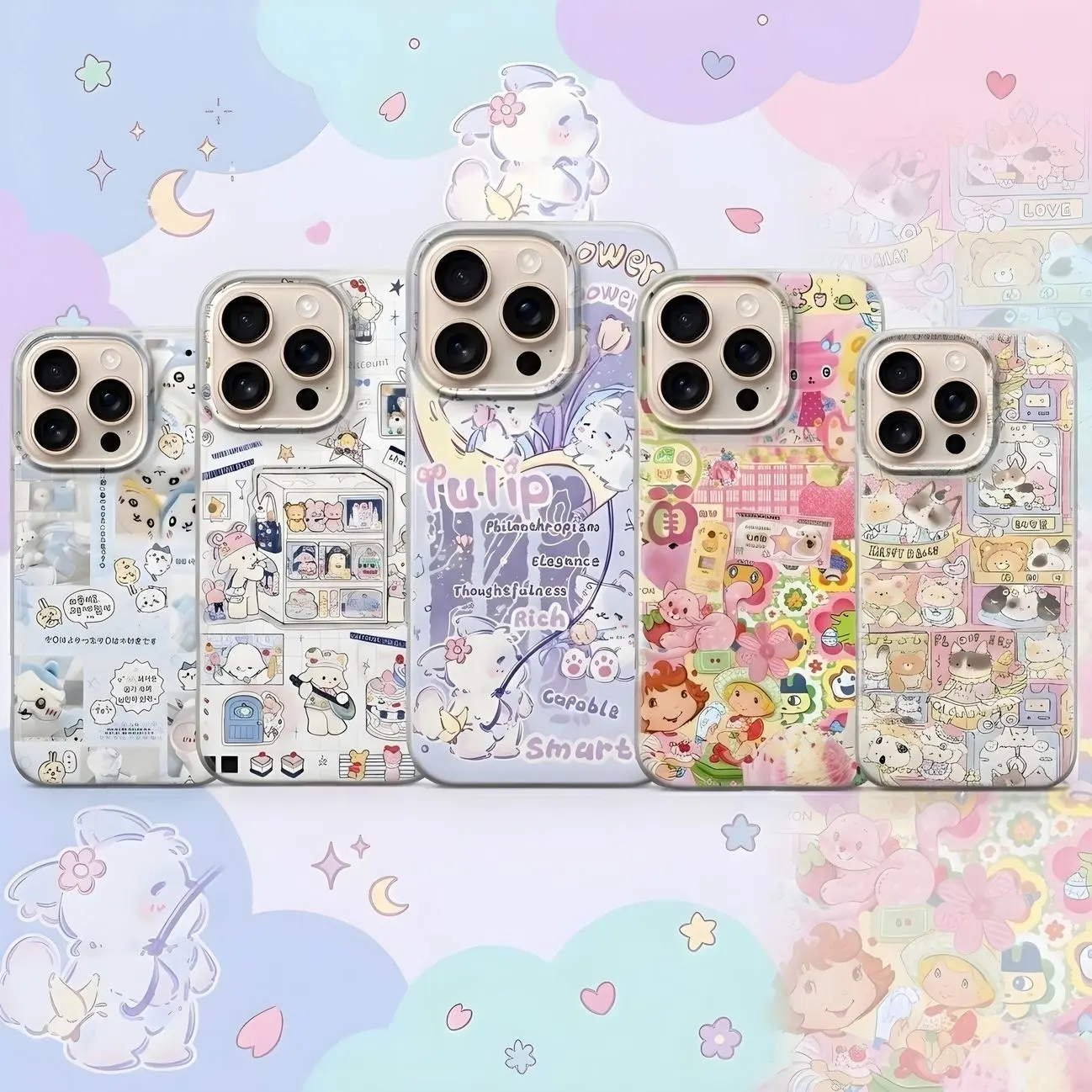 Kawaii Collage Phone Case, Cute Japanese Cover for iPhone X, 11, 12, 13, 14, 15 & more – SS Galaxy S21 to S25 Ultra, Plus with Suction