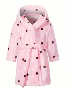 Kids Polka Dot Bathrobe - Cute Pink White Brown Dot Hooded Fleece Robe for Toddler Girls Boys, Ultra Soft Plush Flannel Warm Sleepwear Loungewear with Pockets and Waist Belt, Perfect for Bath Shower Pool Beach Spa, Cozy Retro Nightwear Pajamas