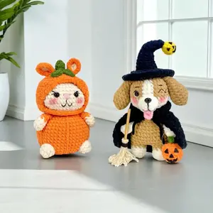 Halloween Crochet Bundle, Amigurumi Bunny Pumpkin & Dog Witch Plush Toys, Cute Costume Stuffed Animal