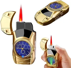 Gold Vintage Windproof Lighter (with Built-in Watch) — Sports Car Design, Red Flame, Refillable Butane Lighter (Butane Not Included)
