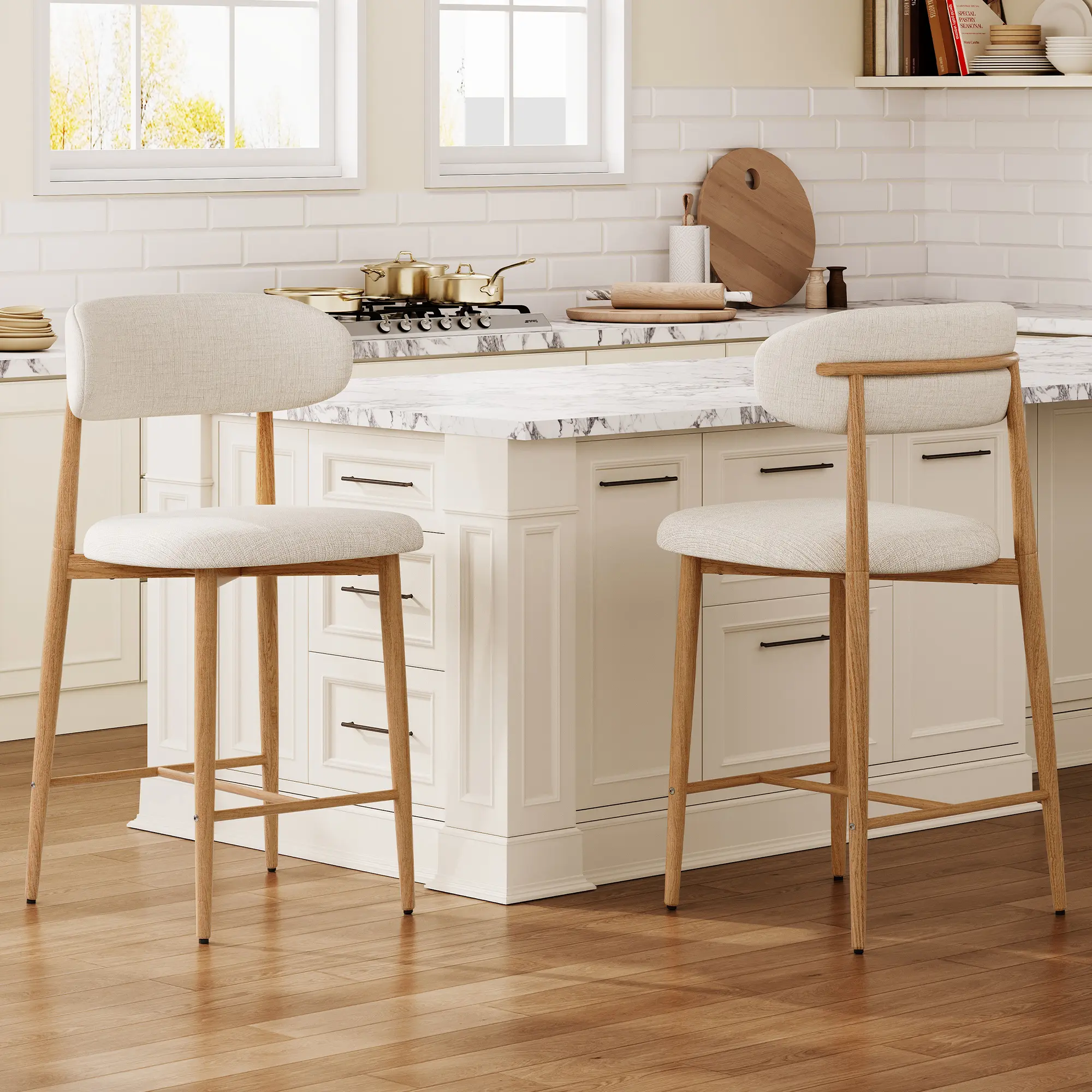 Counter Height Bar Stools with Ergonomic Curved Backrest, Linen Upholstered Bar Chairs, Wood Grain Metal Legs, 2/4 Sets Kitchen Island Bar Stools for Dining Room Home Bar