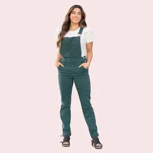 Judy Blue High Waist Garment Dyed Teal Holiday Green Boyfriend Double Cuffed Overalls 88789, Women's Stretchy Comfort Cotton Spandex Overalls