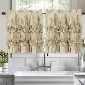 2 Pack Camel Ruffle Kitchen Curtains – Handcrafted Bow Tie Blackout Tier Curtains for Kitchen Cabinet Basement Camper Farmhouse Decorative Privacy Cafe Window Treatment, 30"x24"