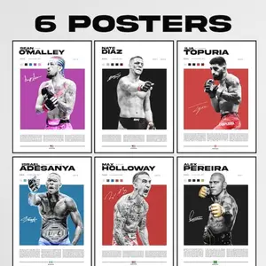 MMA Fighter Poster Set: Sean O'Malley, Nate Diaz, Ilia Topuria, Alex Pereira, Israel Adesanya, Max Holloway