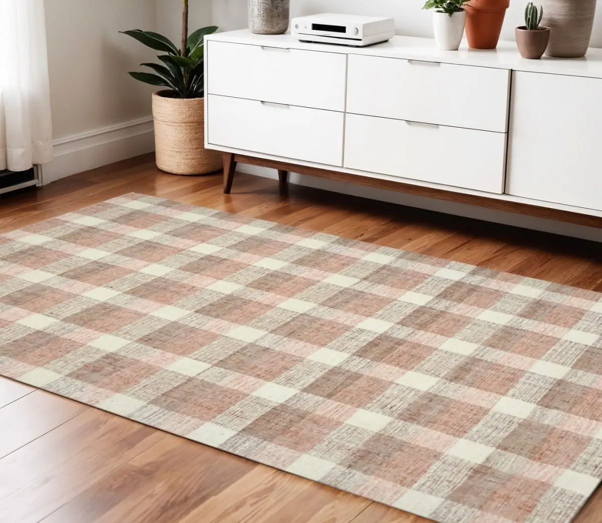 HomeRoots 570551 Wool Area Rugs - 4 x 6 ft. Pink & Ivory Plaid Hand-Tufted Rectangle Rug