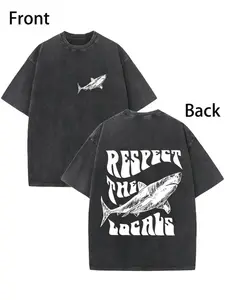 valentine shirts 1pc, Vintage Shark Print Cotton T-Shirt - 230G Double-Sided Washed, Retro Streetwear Style, Round Neck, All-Season Casual Tee with "RESPECT THE LOCALS" Design, Perfect Holiday Gift for Men
