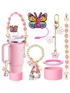 Letter A-z Butterfly Glitter Stylish Water Bottle Accessories Set,Chain & Keychain & Hair Tie & Bracelet &Sticker, Drinkware Accessories, Mug, DrinkProtector