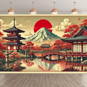 2D Flat Banner Background Cloth, 1 Piece, Mount Fuji Japanese Scenery Backdrop - Cherry Blossoms, Pagoda, and Torii Gate Photography Background, Suitable for Indoor/Outdoor Party Decorations, Stud, Birthday, Polyester