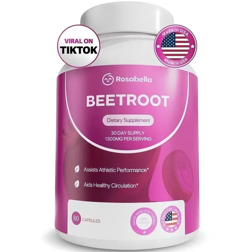 Rosabella Organic Beetroot Dietary Capsules (1300mg) - Natural Wellness Supplement for Blood Flow Support, Heart Health