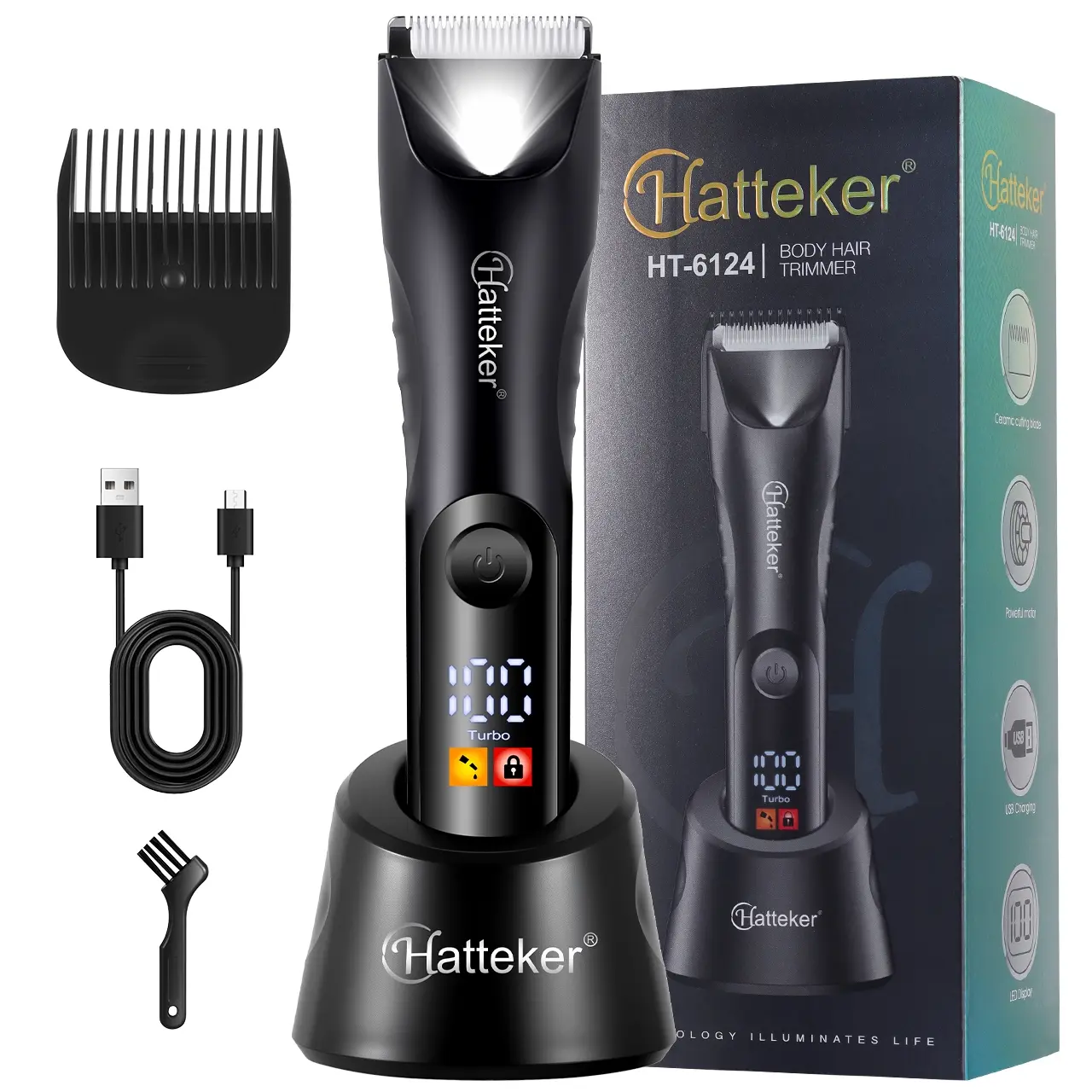 Men's Electric Shaver, LCD Display Hair Trimmer, LED Light, Wet & Dry Use, Multi-Functional Grooming Tool, Includes Storage Base