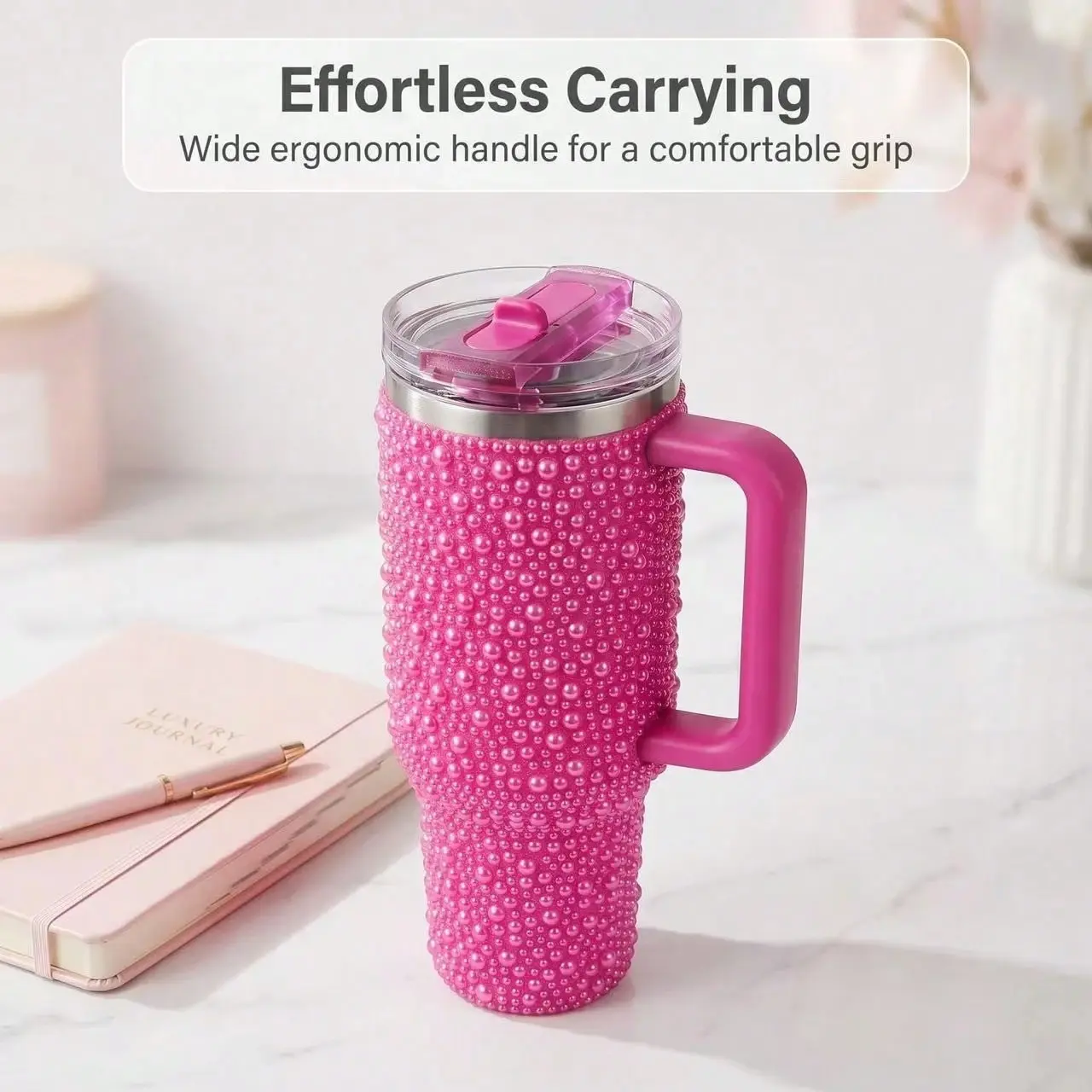 40oz Rhinestone Pearl Stainless Steel Tumbler, Leakproof 24H Cold Vacuum Insulated Cup With Straw Lid, Fits Car Cup Holders For Daily Travel Road Trip, Car Interior Accessory Multi Color, Ideal Holiday Gift Must Have