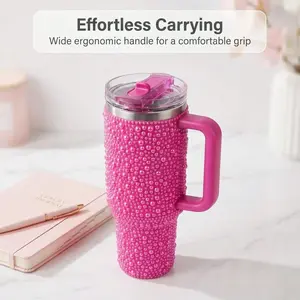 40oz Rhinestone Pearl Stainless Steel Tumbler, Leakproof 24H Cold Vacuum Insulated Cup With Straw Lid, Fits Car Cup Holders For Daily Travel Road Trip, Car Interior Accessory Multi Color, Ideal Holiday Gift Must Have